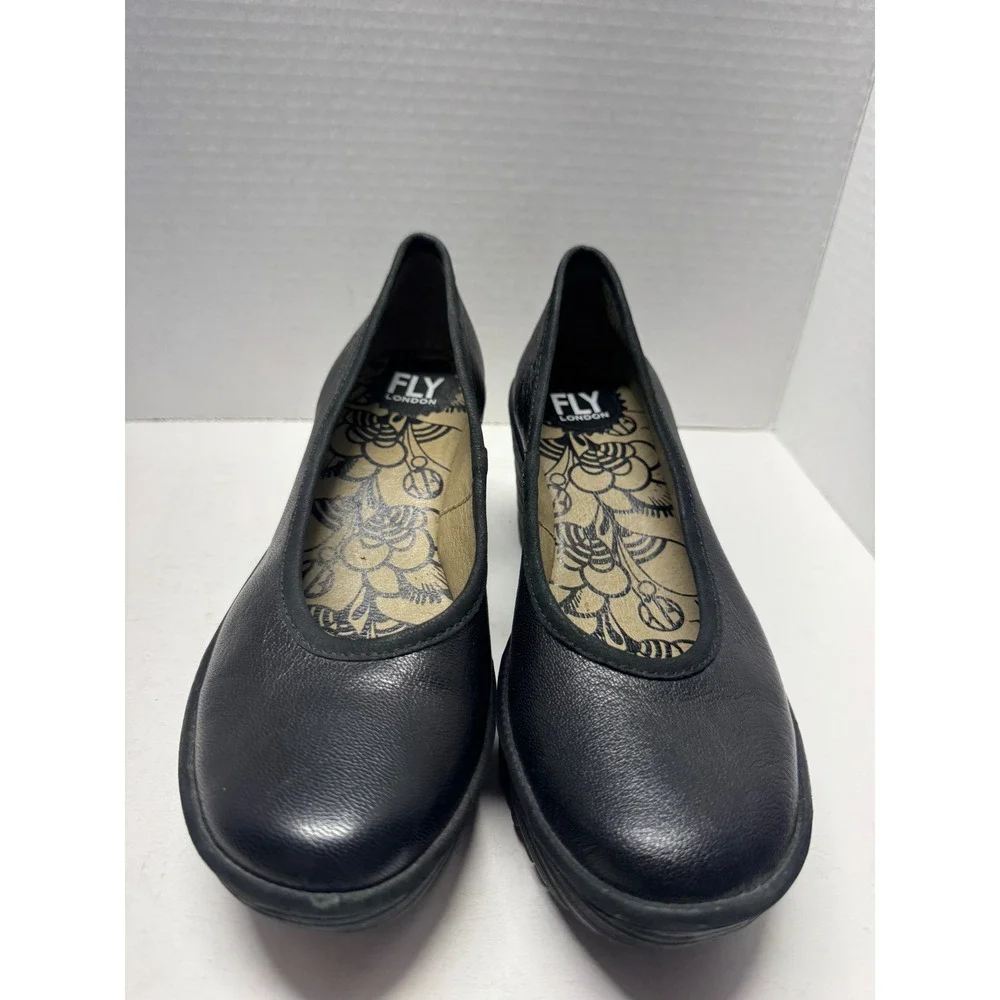Fly London YAZ Black Leather Wedge Pumps Platform Shoes Size 37 6.5
